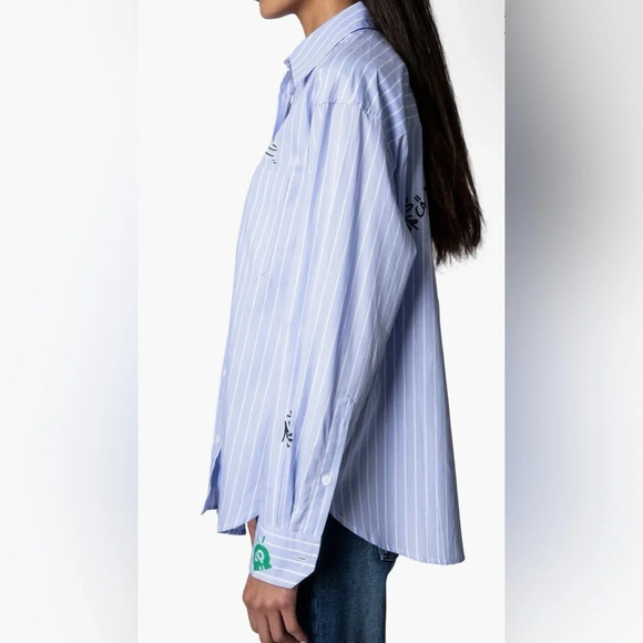 Zadig & Voltaire Tais Raye Tag Stripe Cotton Graphic Shirt - Picture 3 of 13